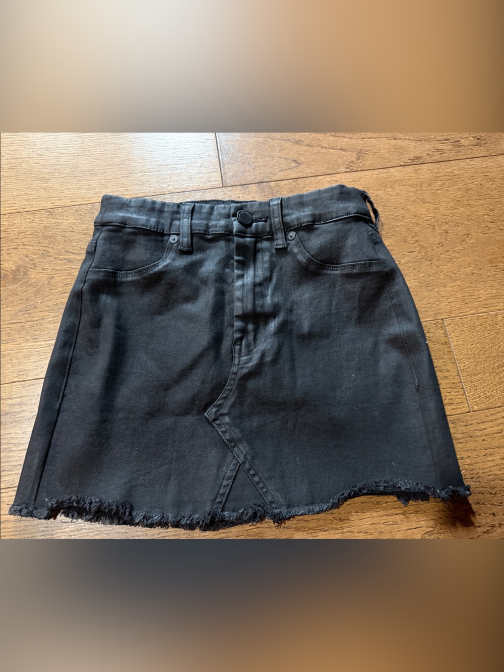 Blank NYC Black Frayed Wax Coated Denim Mini Skirt